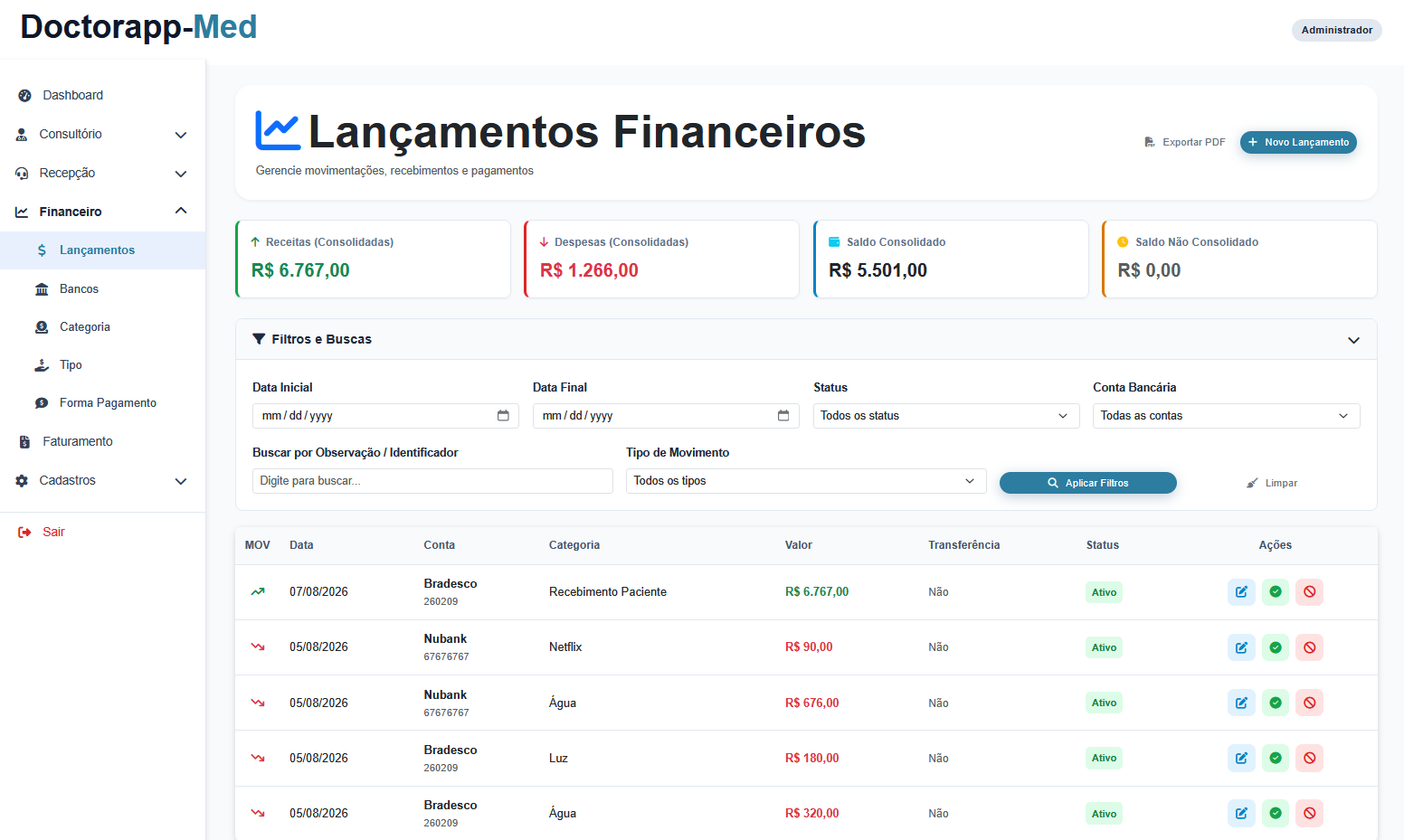 Lançamentos Financeiros de Receitas e Despesas