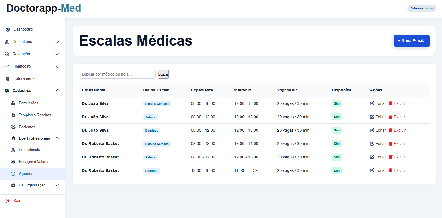 Configuração de Horários da Agenda do Médico